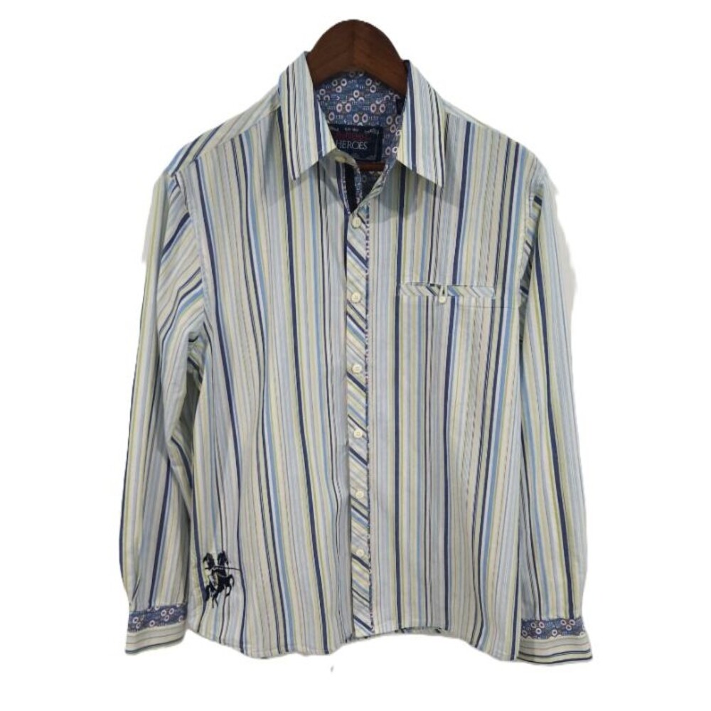 English Heroes Mens Striped Long Sleeve Button Down Shirt Blue Green - L